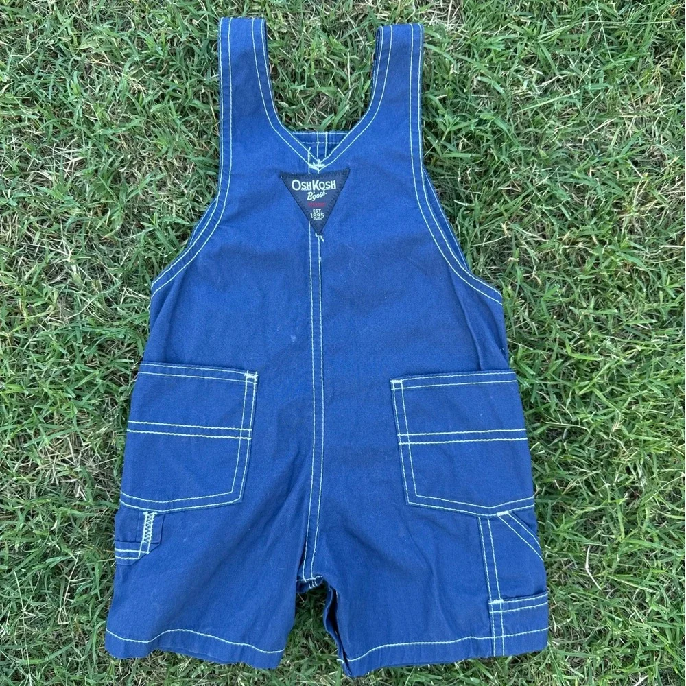 Vintage OshKosh B'gosh Made In USA Blue Canvas Overalls Shorts Snap Inseam